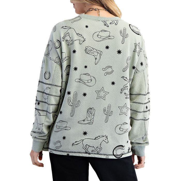 Easel Women's Dusty Sage Western Print Terry Pullover