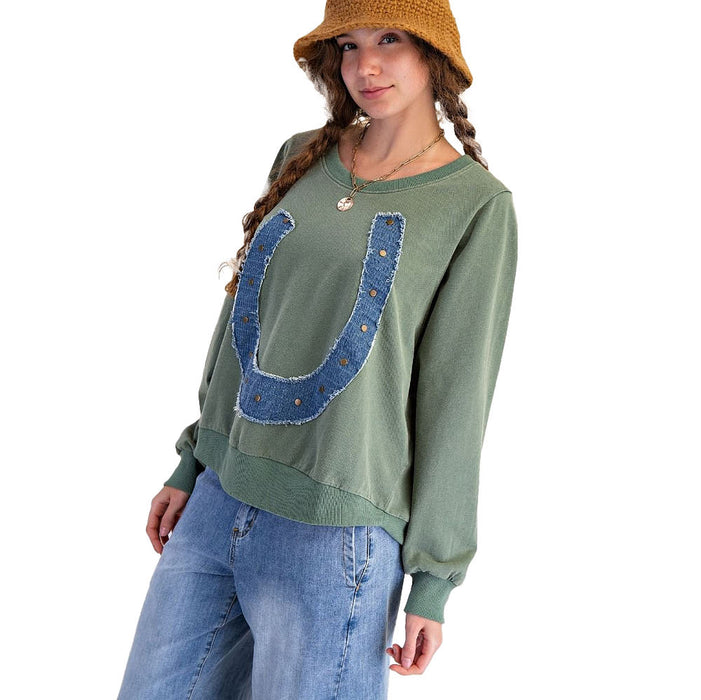 Easel Women's Juniper Green Horseshoe Patch Pullover