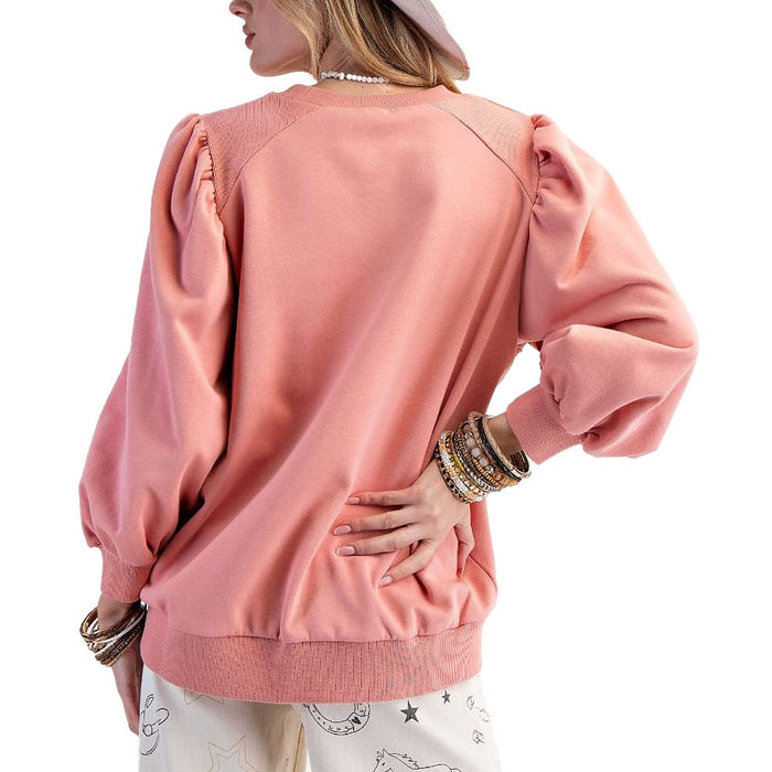 Easel Women's Coral Cream Horseshoe Embroidered Top