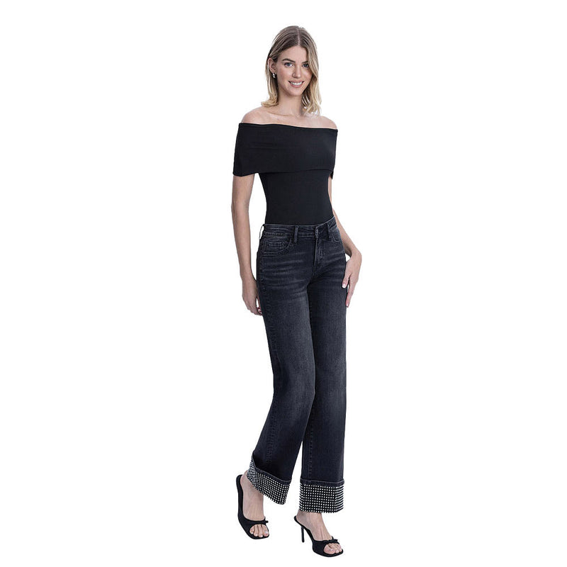Flying Monkey Women's Black Mid Rise Rhinestone Cuffed Slim Wide Jean