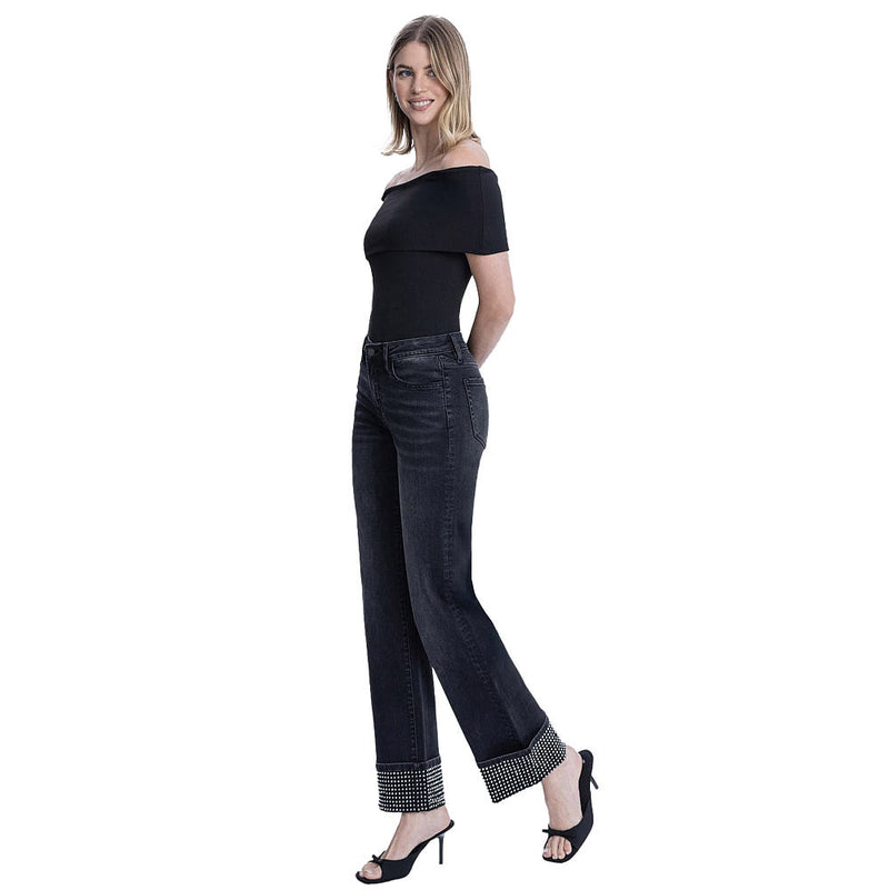 Flying Monkey Women's Black Mid Rise Rhinestone Cuffed Slim Wide Jean