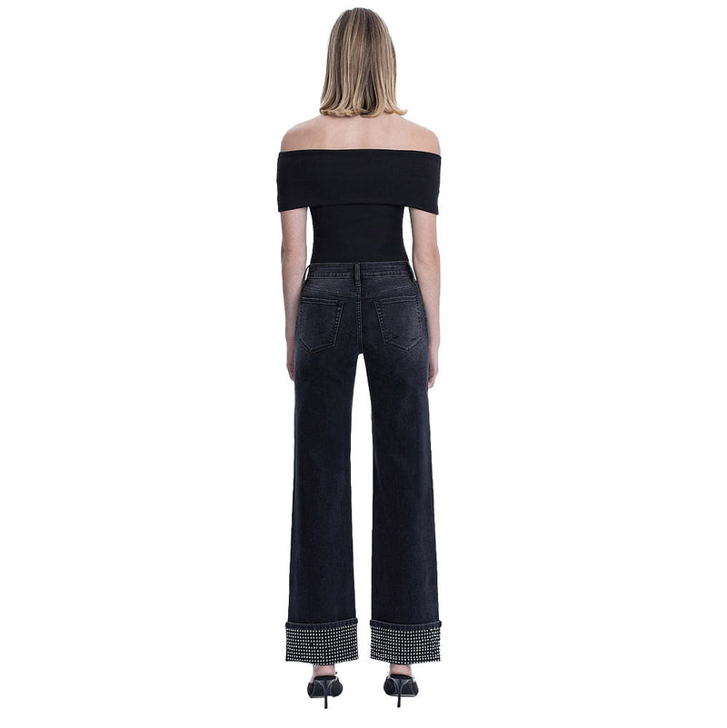 Flying Monkey Women's Black Mid Rise Rhinestone Cuffed Slim Wide Jean