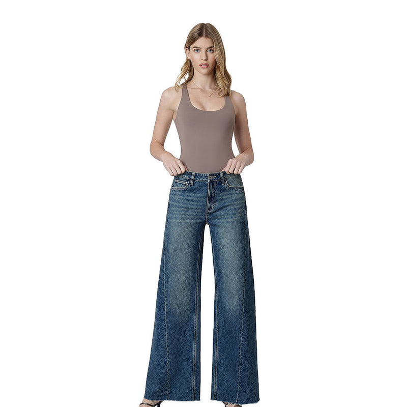 Flying Monkey Women's Beautify High Rise Side Seam Dark Wide Leg