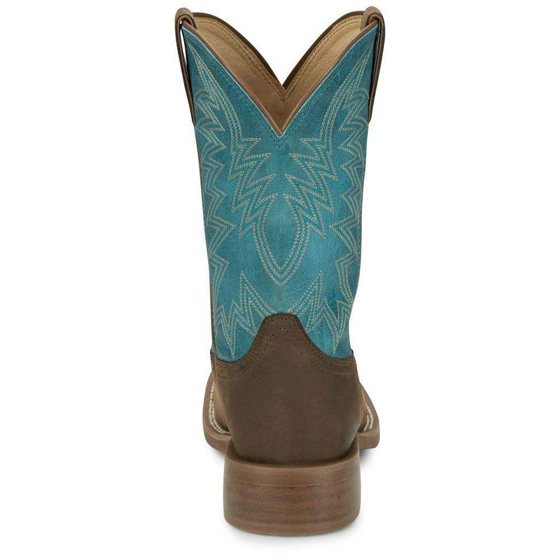Justin Mens Frontier War Dog Brown Vamp 11in Blue Cowhide Top