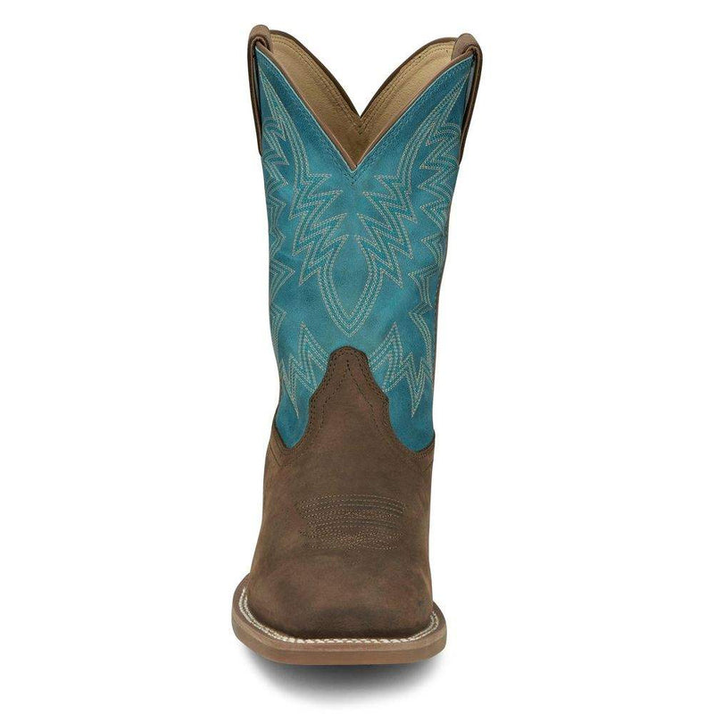Justin Mens Frontier War Dog Brown Vamp 11in Blue Cowhide Top