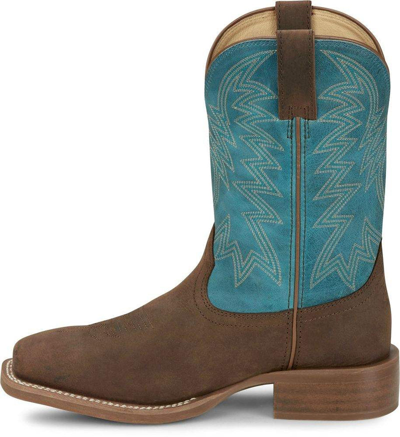 Justin Mens Frontier War Dog Brown Vamp 11in Blue Cowhide Top