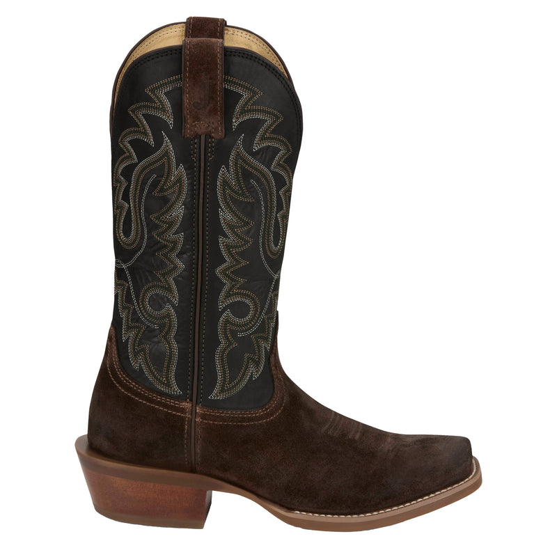 Justin Boot Company Mens Frontier Chocolate Roughout 13In Black Goat Top Cowboy Boot