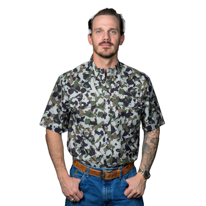Ferrell Brands Inc Mens Camo Vented Short Sleeve Pearl Snap Shirt