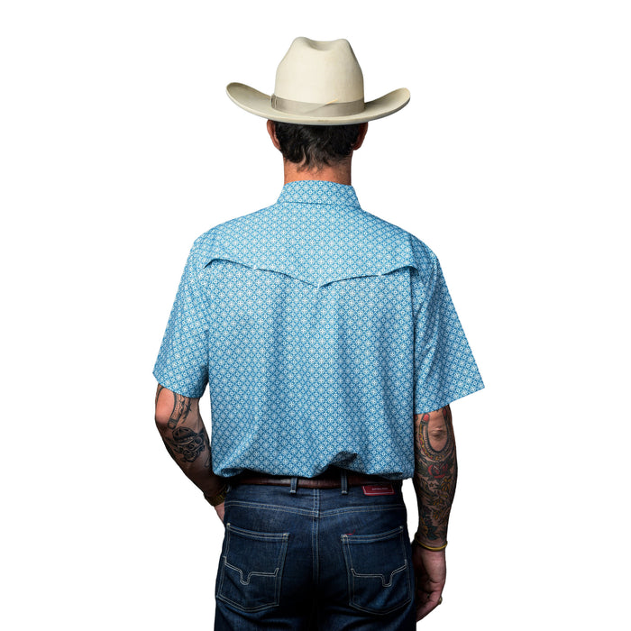 Ferrell Brands Inc Mens Blue Print Vented Short Sleeve Pearl Snap Shirt