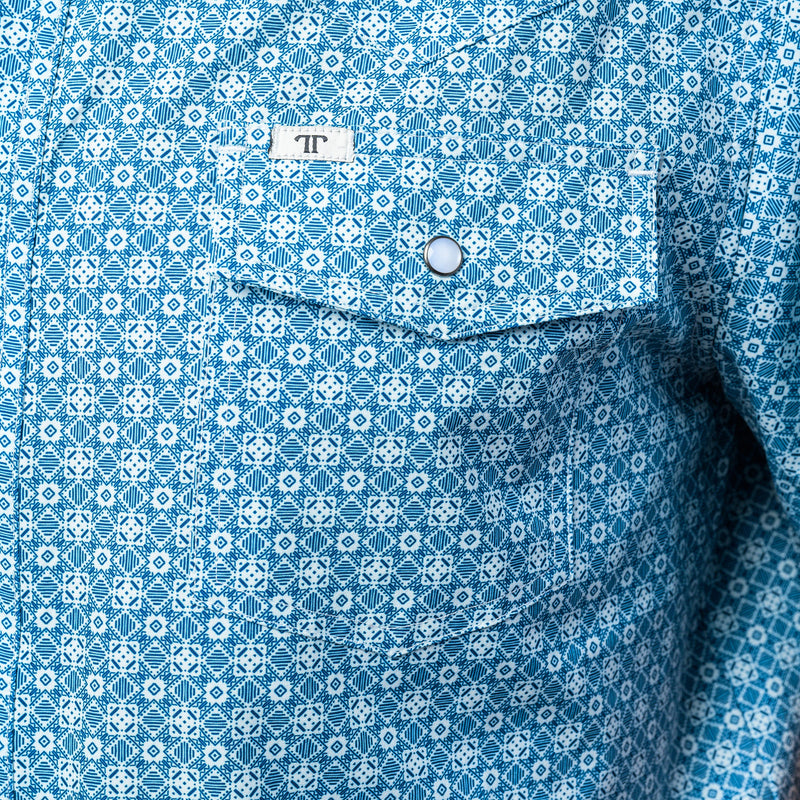 Ferrell Brands Inc Mens Blue Print Vented Short Sleeve Pearl Snap Shirt