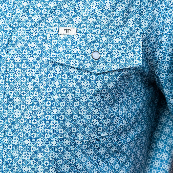 Ferrell Brands Inc Mens Blue Print Vented Short Sleeve Pearl Snap Shirt