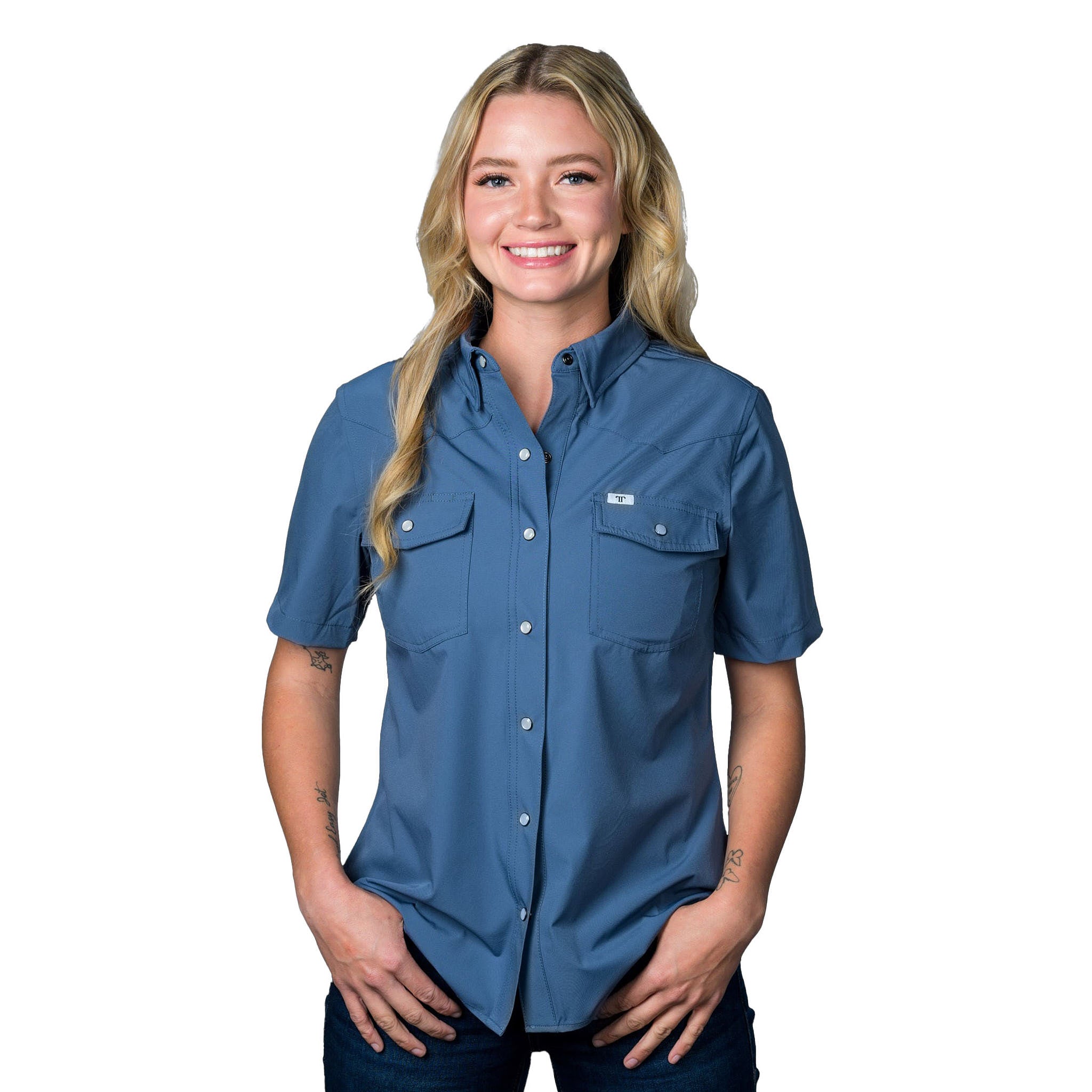 Ferrell Brands Inc Womens Blue Vented Pearl Snap Shirt — NRS