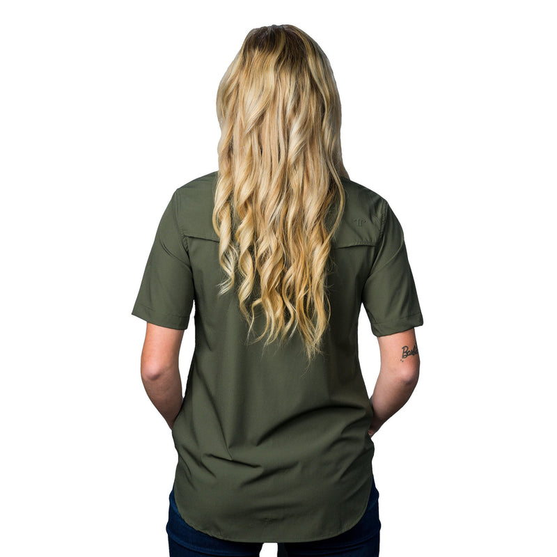 Ferrell Brands Inc Womens Olive Green Vented Pearl Snap Shirt