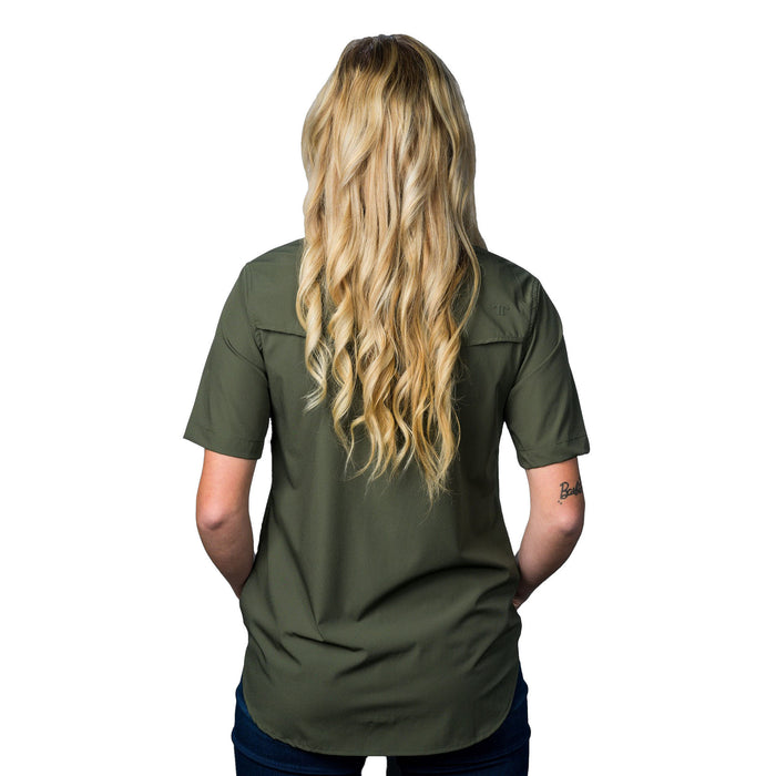 Ferrell Brands Inc Womens Olive Green Vented Pearl Snap Shirt