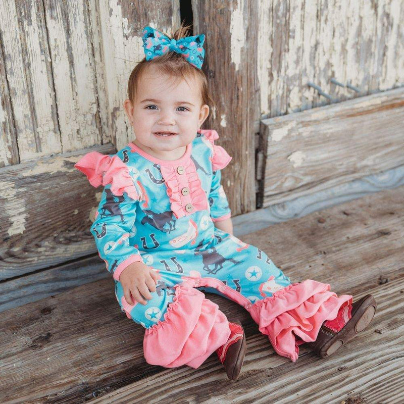 Shea Baby Turquoise Running Horse Romper