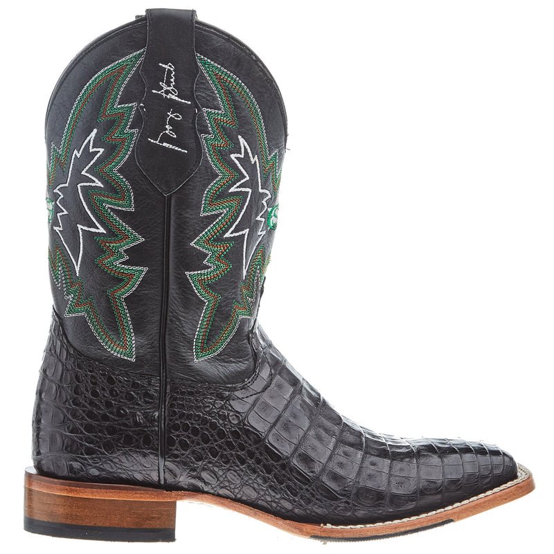 Justin Boot Company Mens George Strait Haggard Black Caiman 11in Black Cowhide Top Boot