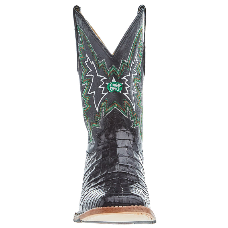 Justin Boot Company Mens George Strait Haggard Black Caiman 11in Black Cowhide Top Boot