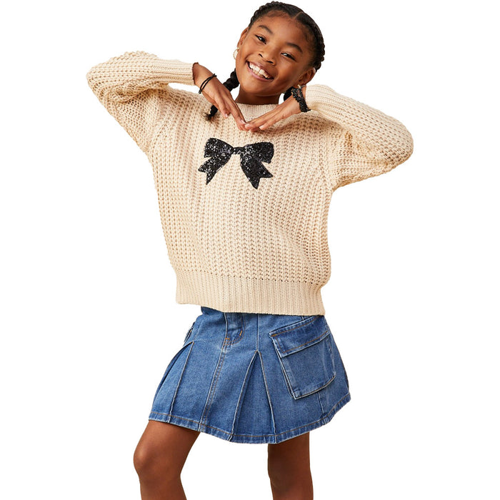 Hayden Girl's Ivory Sequin Bow Patch Sweater