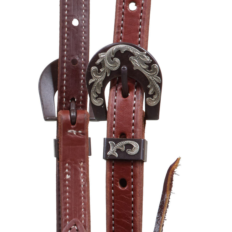 NRS Heavy Oil Stitched Single Ear Headstall with Floral Engraved Heel Buckle