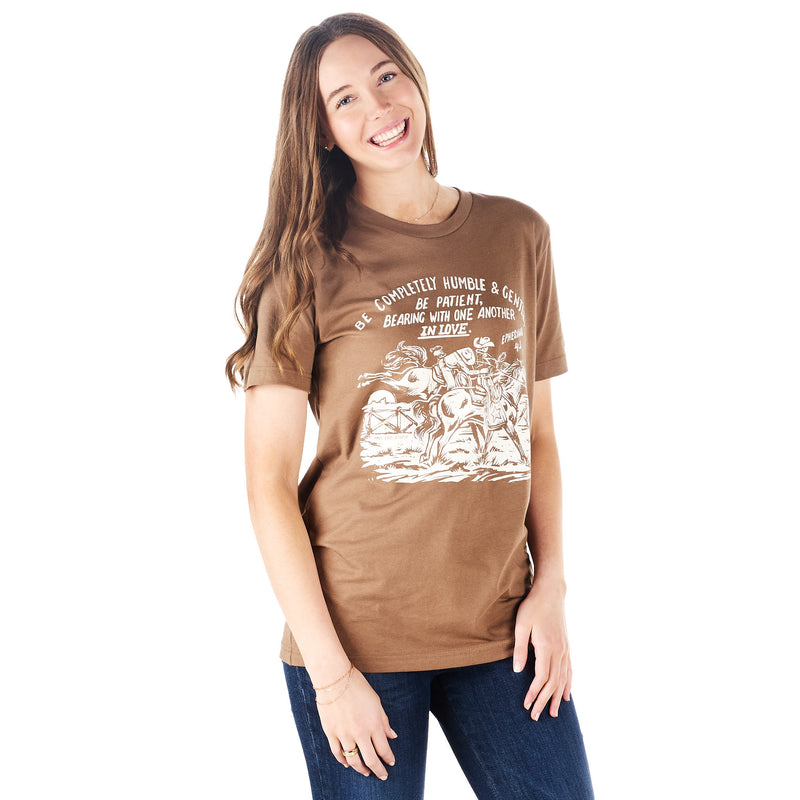 Crazy Consuela Womens Ephesians 4:2 Vintage Brown Tee