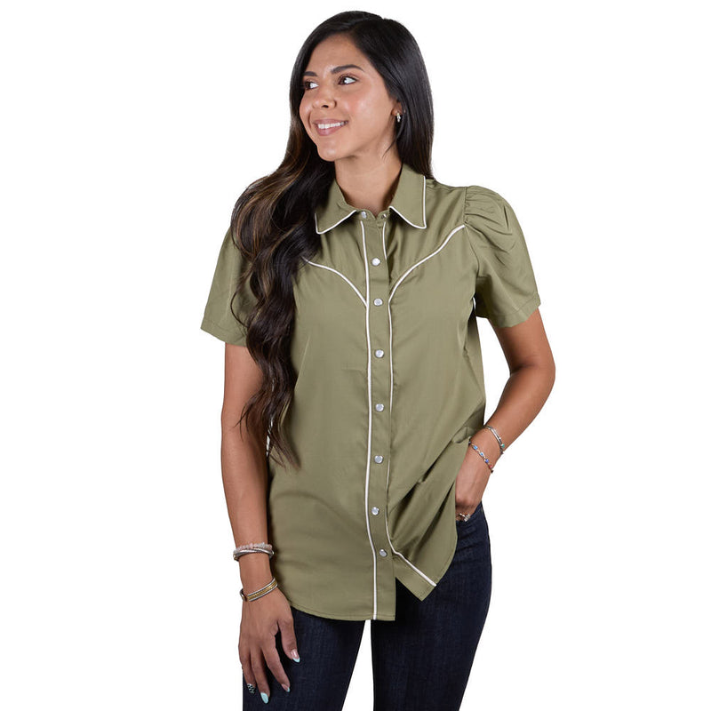Howdy Hanny Women's Olive Short Sleeve Pearl Snap