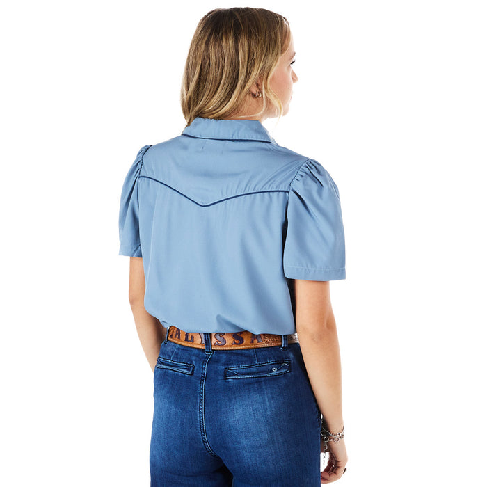 Howdy Hanny Women's Light Blue Short Sleeve Pearl Snap Shirt