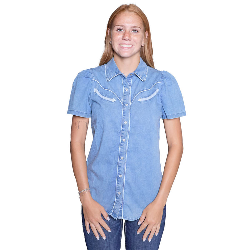 Howdy Hanny Women's Vintage Denim Short Sleeve Pearl Snap Shirt