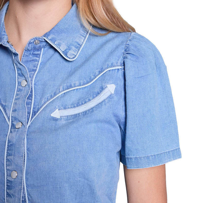 Howdy Hanny Women's Vintage Denim Short Sleeve Pearl Snap Shirt