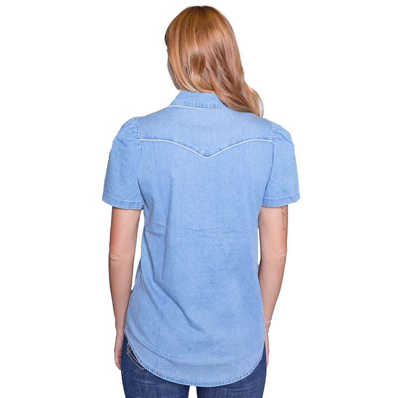 Howdy Hanny Women's Vintage Denim Short Sleeve Pearl Snap Shirt