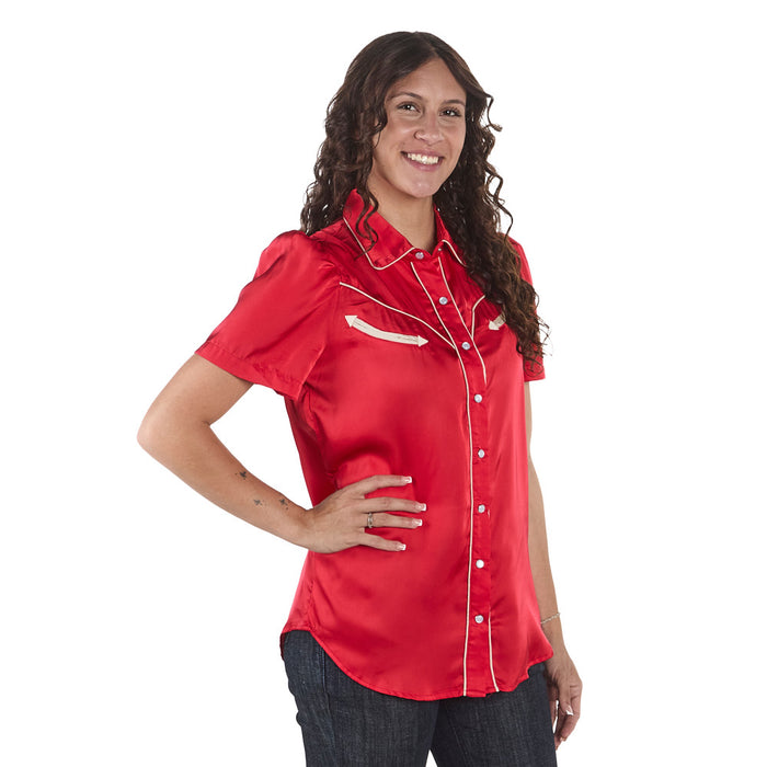 Howdy Hanny Women's Red Satin Short Sleeve Pearl Snap Shirt