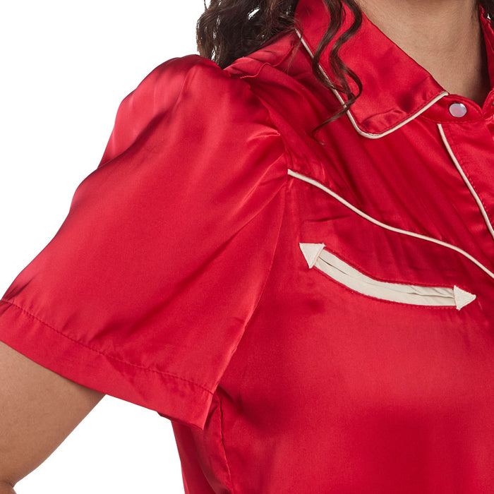 Howdy Hanny Women's Red Satin Short Sleeve Pearl Snap Shirt