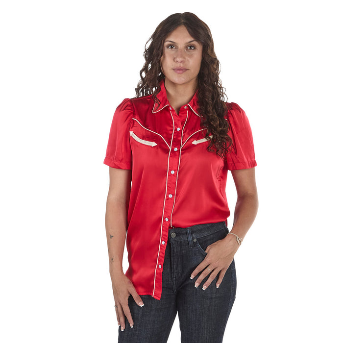 Howdy Hanny Women's Red Satin Short Sleeve Pearl Snap Shirt