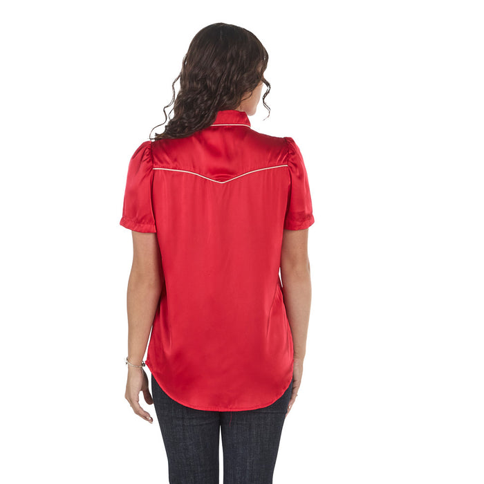 Howdy Hanny Women's Red Satin Short Sleeve Pearl Snap Shirt