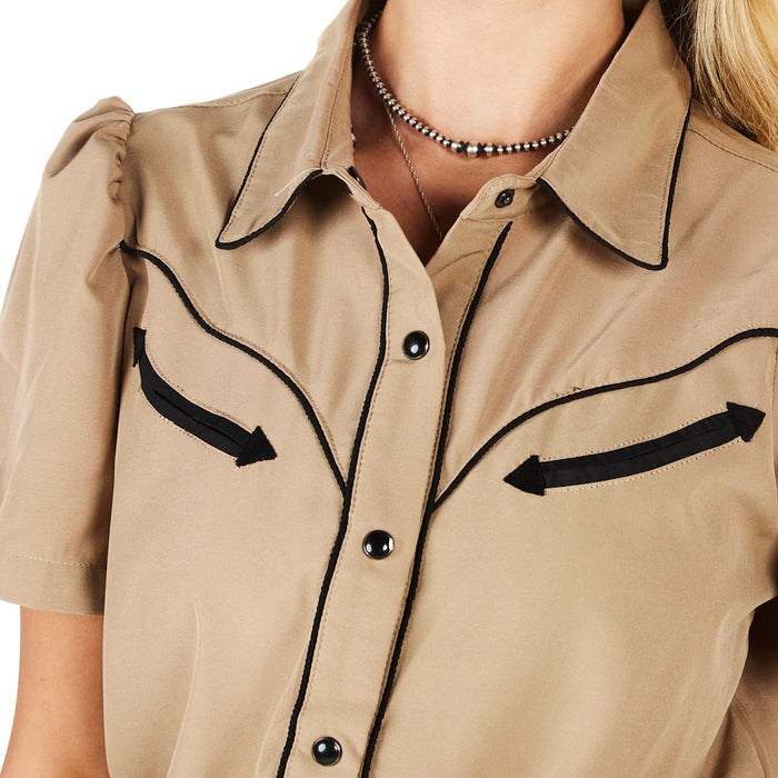 Howdy Hanny Women's Tan Short Sleeve Pearl Snap Shirt