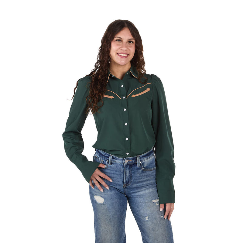 Howdy Hanny Women's Green Puff Sleeve Pearl Snap Shirt