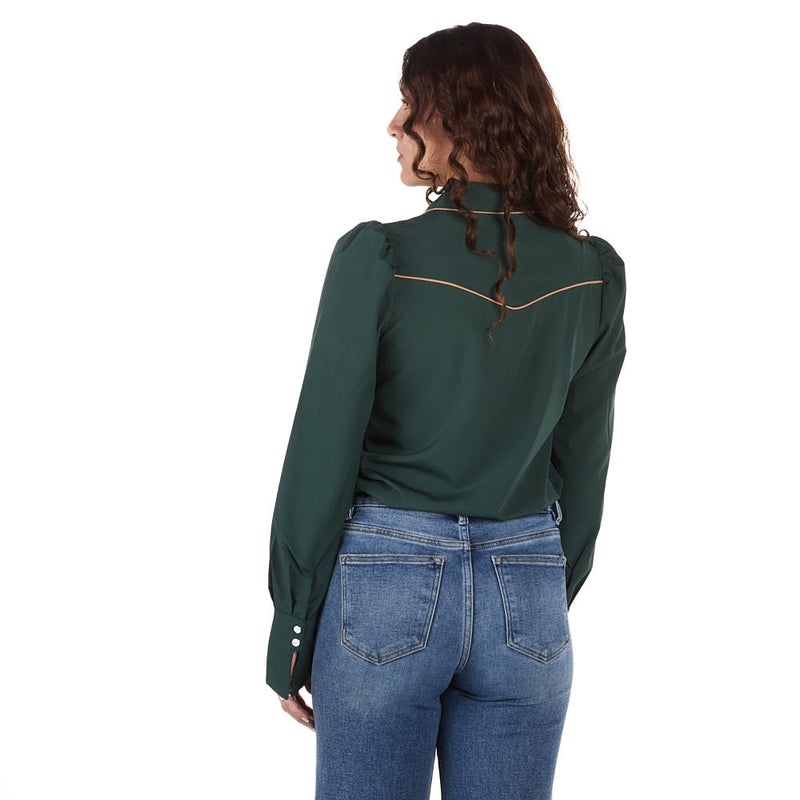Howdy Hanny Women's Green Puff Sleeve Pearl Snap Shirt