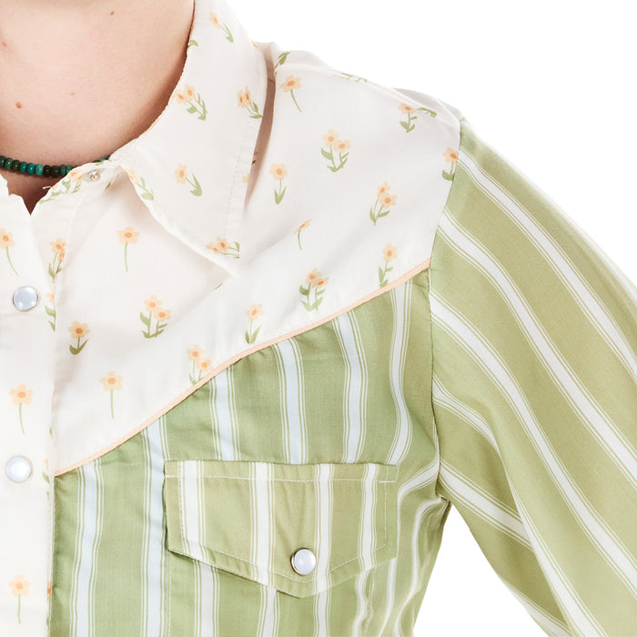 Howdy Hanny Women's Olive Stripe Daisy Pearl Snap Shirt