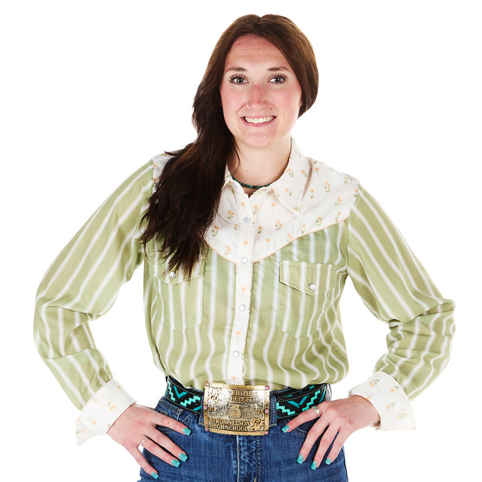 Howdy Hanny Women's Olive Stripe Daisy Pearl Snap Shirt