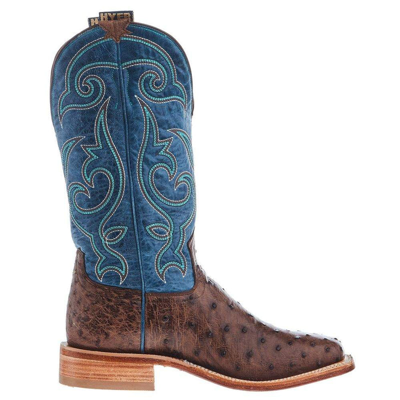 Hyer Boots Mens Jetmore Tobacco FQ Ostrich 13 In Blue Vintage Goat Top Cowboy Boot