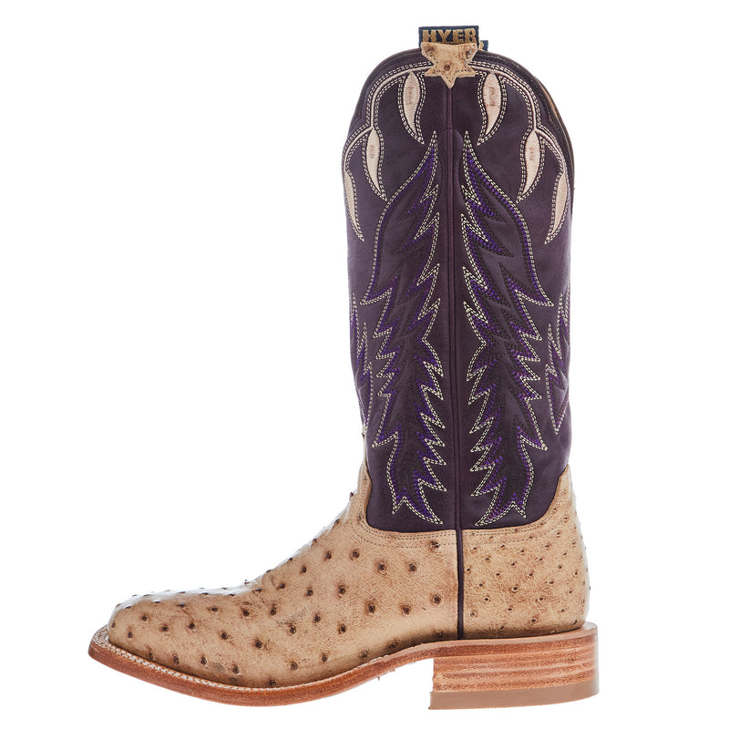 Hyer Boots Womens Harper Tan FQ Waxy Ostrich 13 In Eggplant Vintage Goat Top Cowgirl Boots