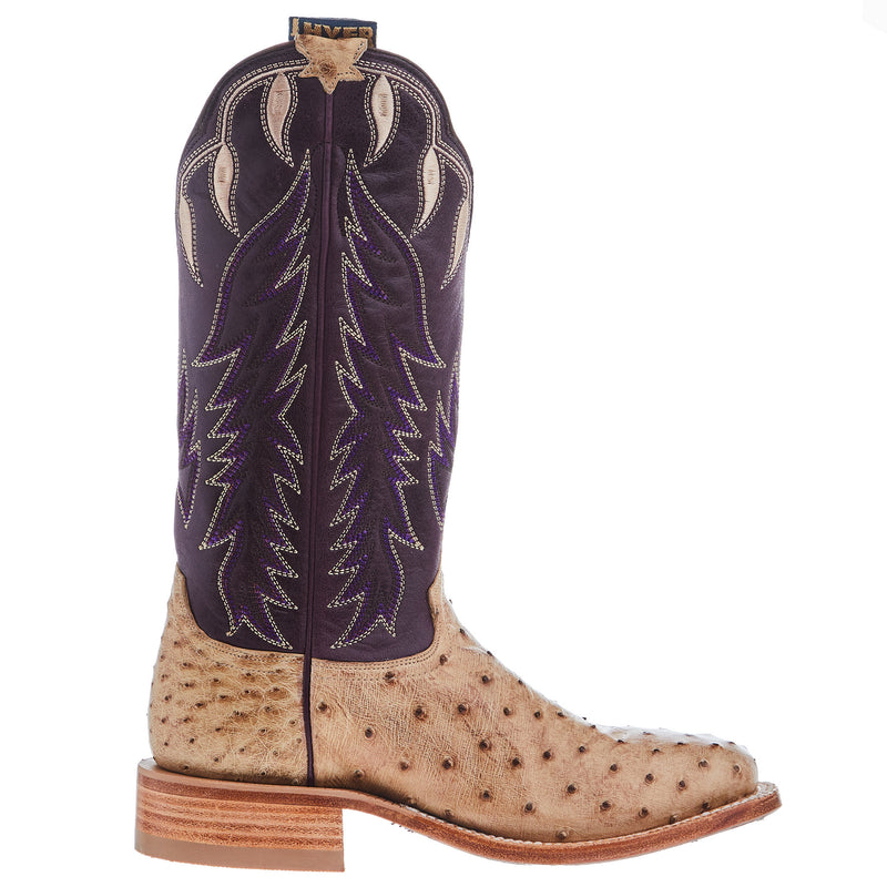 Hyer Boots Womens Harper Tan FQ Waxy Ostrich 13 In Eggplant Vintage Goat Top Cowgirl Boots