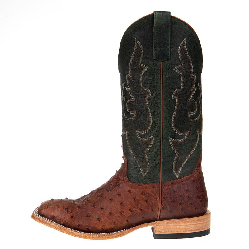 Horse Power Boots Men's Cognac Full Quill Ostrich 13in Green Top Square Toe Boots