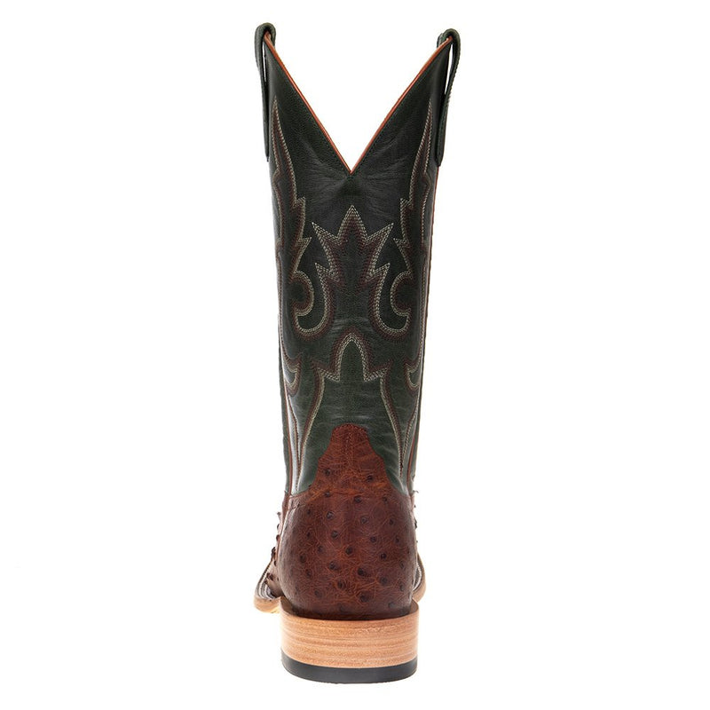 Horse Power Boots Men's Cognac Full Quill Ostrich 13in Green Top Square Toe Boots