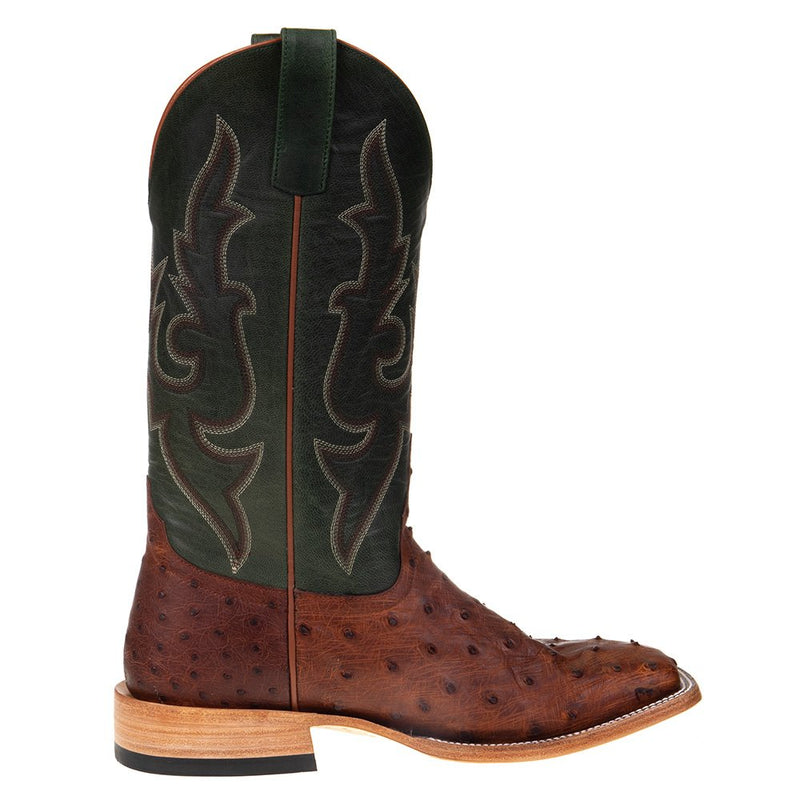 Horse Power Boots Men's Cognac Full Quill Ostrich 13in Green Top Square Toe Boots