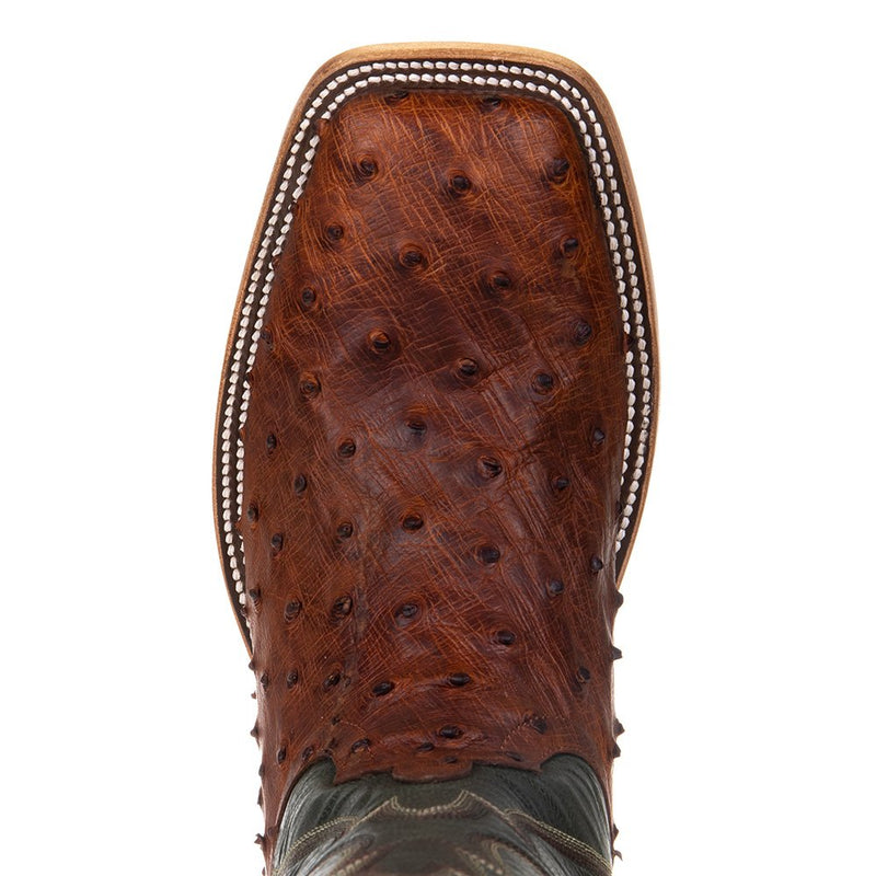 Horse Power Boots Men's Cognac Full Quill Ostrich 13in Green Top Square Toe Boots