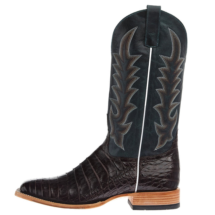 Horse Power Top Hand Men's Chocolate Caiman Belly Vamp 13In Square Toe Navy Explosion Top Boot