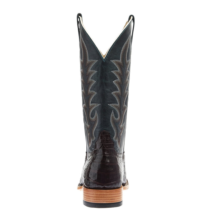 Horse Power Top Hand Men's Chocolate Caiman Belly Vamp 13In Square Toe Navy Explosion Top Boot