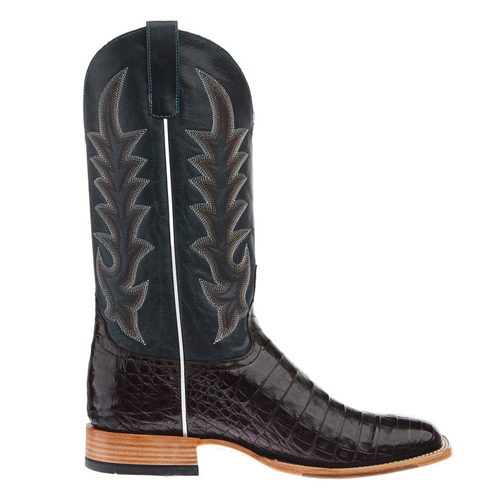 Horse Power Top Hand Men's Chocolate Caiman Belly Vamp 13In Square Toe Navy Explosion Top Boot