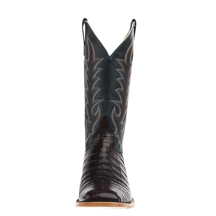 Horse Power Top Hand Men's Chocolate Caiman Belly Vamp 13In Square Toe Navy Explosion Top Boot