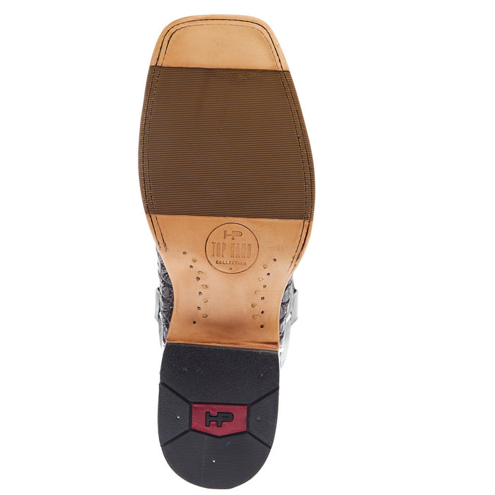 Horse Power Top Hand Men's Chocolate Caiman Belly Vamp 13In Square Toe Navy Explosion Top Boot